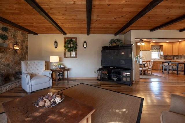 living room featuring beam ceiling, wood ceiling, ceiling fan, and hardwood / wood-style flooring