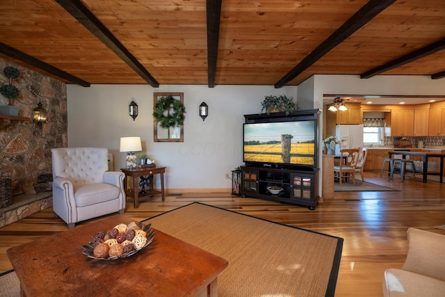 living room featuring wood ceiling, beamed ceiling, and light wood-type flooring