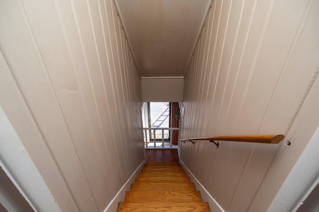 stairs with wood-type flooring and wooden walls