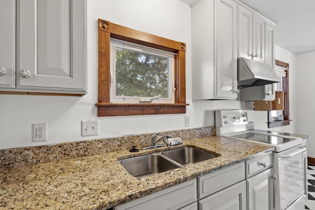 kitchen with white cabinetry, sink, light stone counters, and white range with electric stovetop