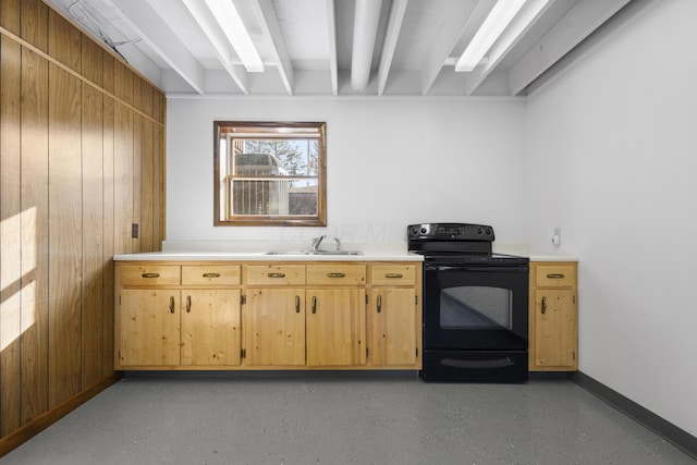 kitchen with wooden walls, black range with electric stovetop, sink, and beam ceiling