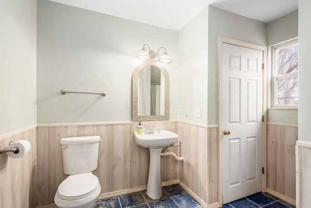 bathroom featuring toilet and wood walls