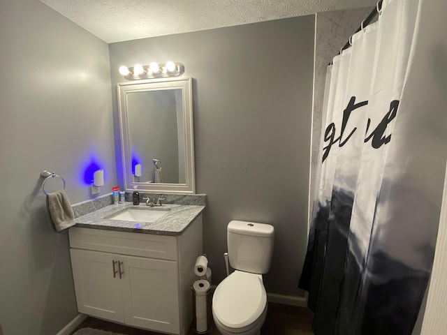 bathroom with vanity, a textured ceiling, and toilet