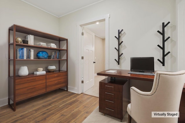 office featuring ornamental molding and wood-type flooring