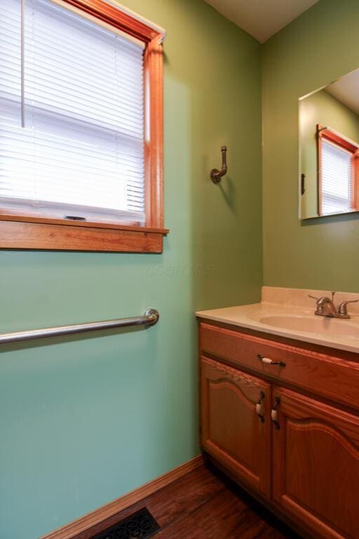 bathroom with hardwood / wood-style flooring and vanity