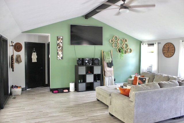 living room featuring ceiling fan, vaulted ceiling with beams, and light hardwood / wood-style floors