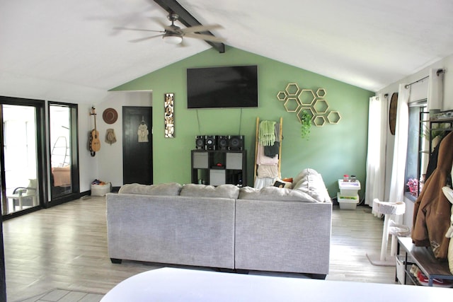 living room featuring lofted ceiling with beams, ceiling fan, and light hardwood / wood-style flooring