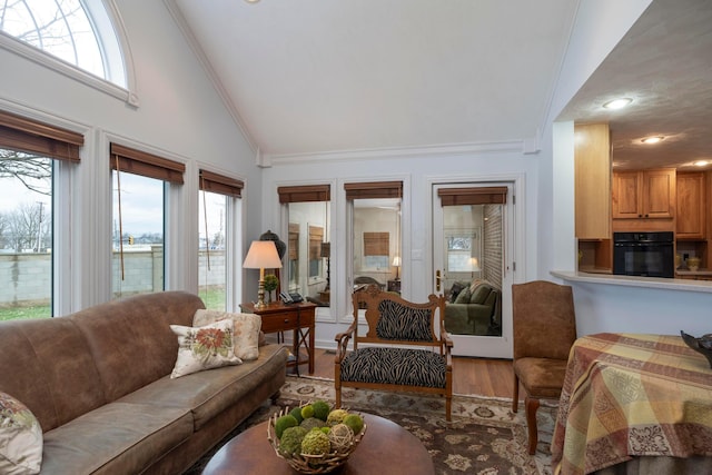 living room with crown molding, high vaulted ceiling, and hardwood / wood-style floors