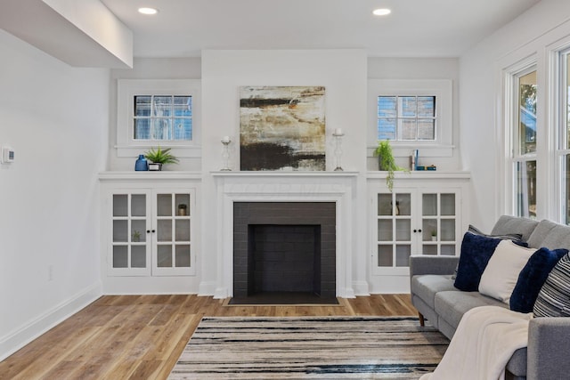 living room with hardwood / wood-style flooring and a fireplace