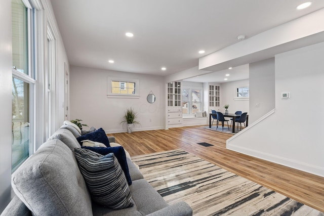 living room with wood-type flooring and plenty of natural light