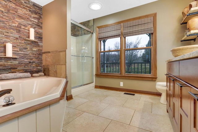 bathroom with independent shower and bath, tile patterned flooring, and toilet