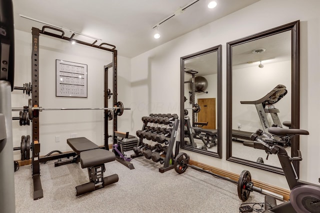 workout area featuring track lighting and carpet