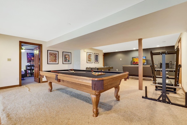 game room with pool table and light colored carpet