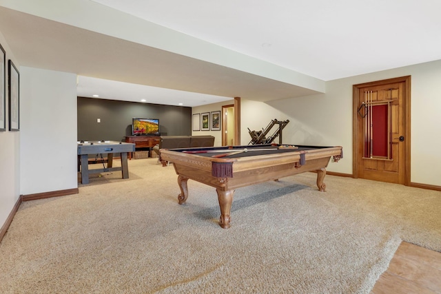 recreation room with pool table and light colored carpet