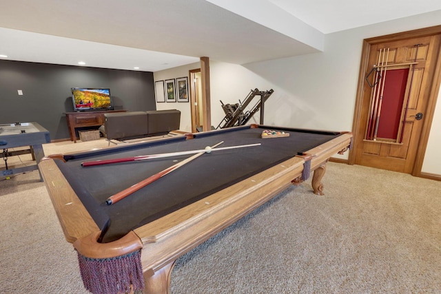 rec room featuring light colored carpet and billiards