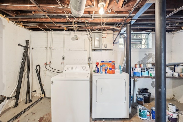 washroom featuring laundry area, electric panel, and washer and clothes dryer