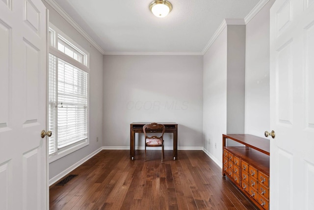 office area featuring dark hardwood / wood-style flooring and ornamental molding