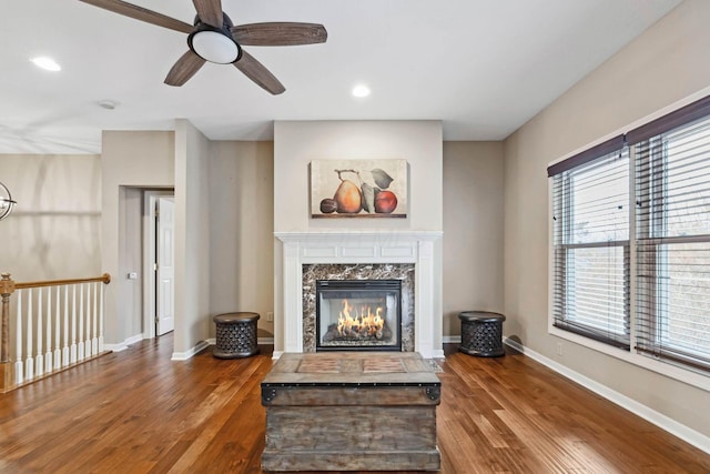 living room with hardwood / wood-style flooring, ceiling fan, and a premium fireplace