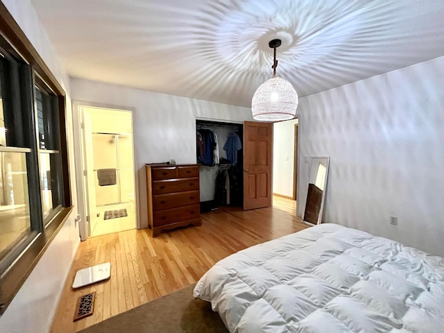 bedroom with hardwood / wood-style floors, a closet, and ensuite bathroom