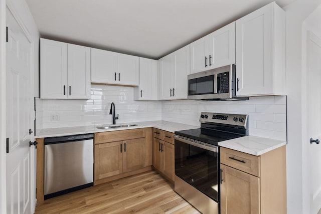 kitchen with white cabinetry, sink, decorative backsplash, stainless steel appliances, and light wood-type flooring