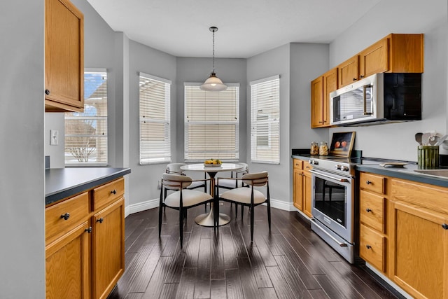 kitchen with appliances with stainless steel finishes, dark countertops, dark wood-type flooring, and hanging light fixtures