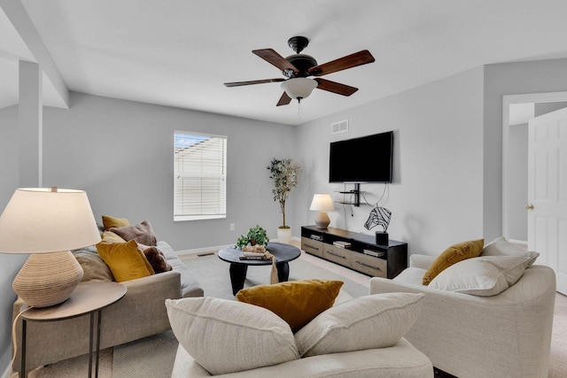 living area with ceiling fan, visible vents, and baseboards