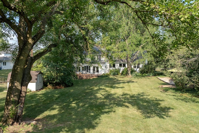 view of yard featuring an outbuilding and a shed