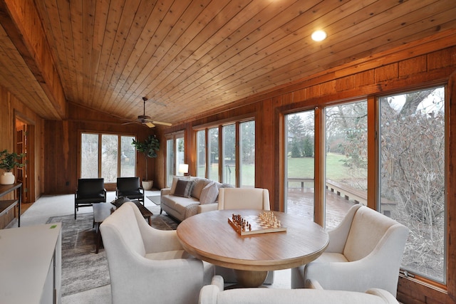 sunroom / solarium with lofted ceiling, ceiling fan, and wooden ceiling