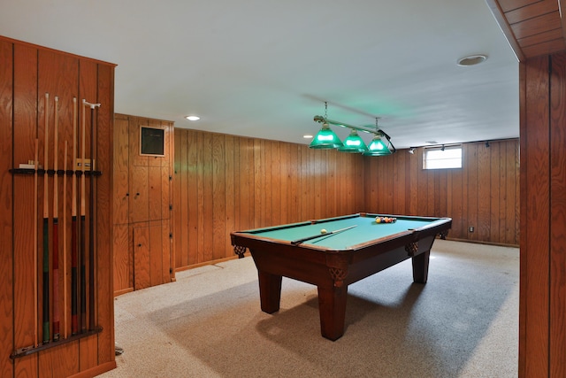 game room with carpet floors, pool table, wooden walls, and baseboards