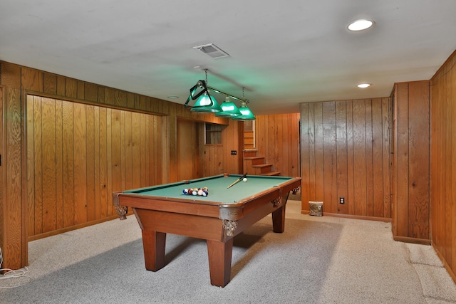 playroom featuring baseboards, visible vents, pool table, carpet flooring, and wood walls