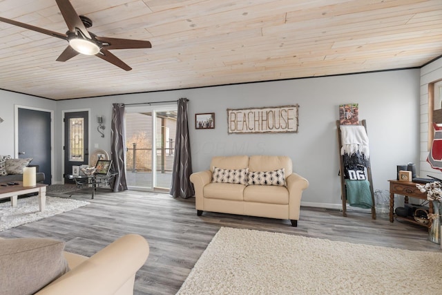 living room with wood ceiling, baseboards, ceiling fan, and wood finished floors