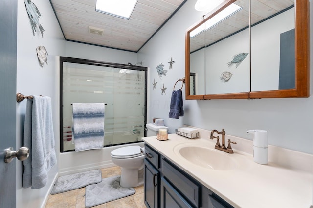 bathroom featuring toilet, combined bath / shower with glass door, vanity, and wood ceiling