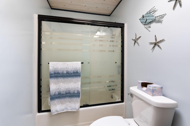 full bathroom with bath / shower combo with glass door, wooden ceiling, and toilet