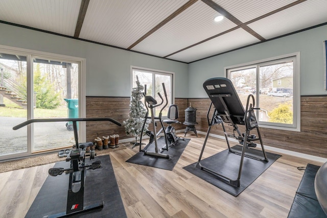 exercise area with a wainscoted wall, crown molding, wood finished floors, and wood walls