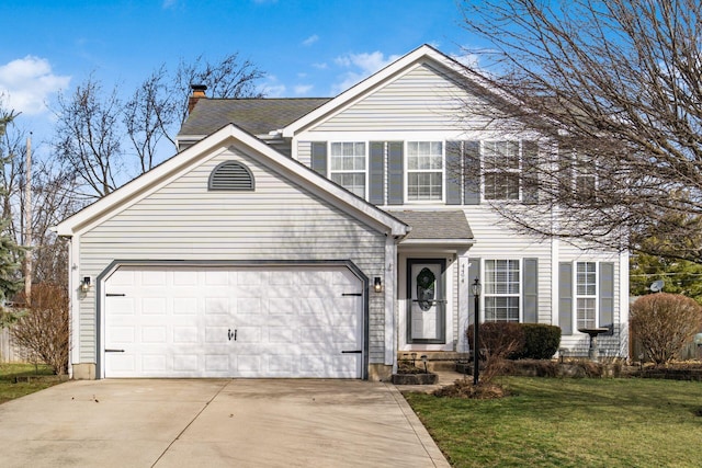 traditional home with a shingled roof, concrete driveway, a chimney, an attached garage, and a front lawn