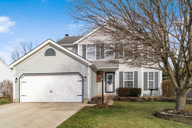 view of front of home with an attached garage, a shingled roof, driveway, a chimney, and a front yard