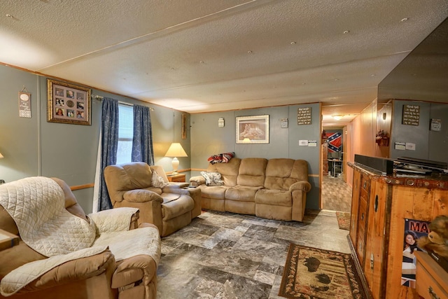 living room with a textured ceiling