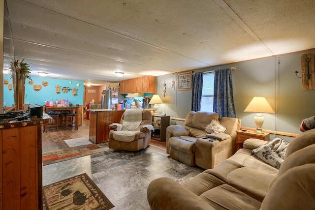 living room with hardwood / wood-style flooring and a textured ceiling