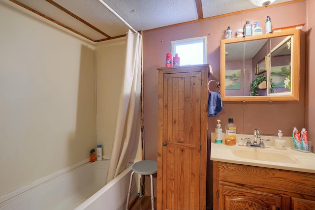 bathroom featuring vanity and shower / bath combo with shower curtain