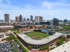 birds eye view of property with a city view