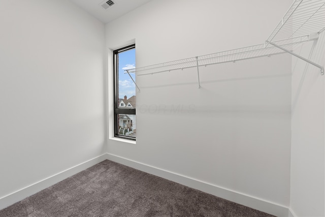 spacious closet with visible vents and dark colored carpet