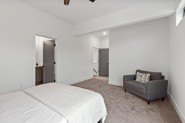 bedroom featuring a ceiling fan, recessed lighting, carpet flooring, and baseboards