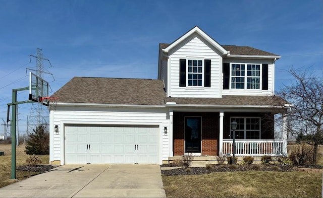 traditional-style home featuring brick siding, a porch, a shingled roof, an attached garage, and driveway