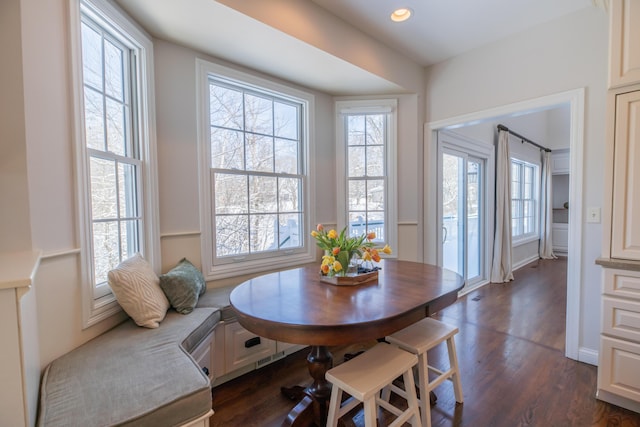 dining area featuring breakfast area and dark hardwood / wood-style floors