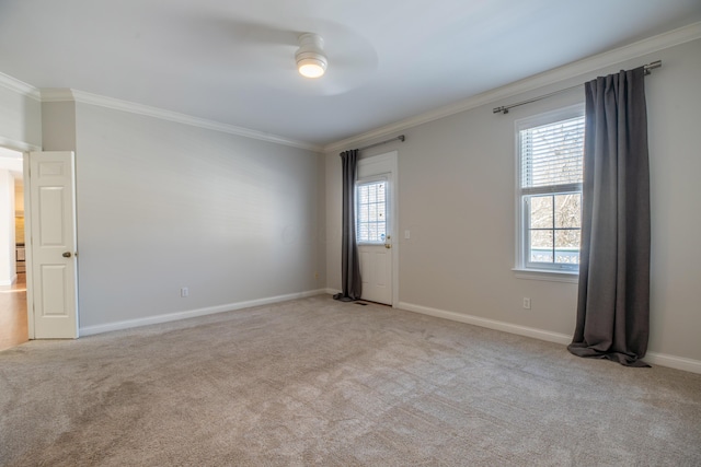 spare room with light colored carpet and ornamental molding