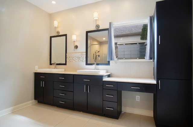 6268 Bellow Valley Dr, Dublin, OH 43016 - full bath featuring double vanity, baseboards, a tile shower, and a sink