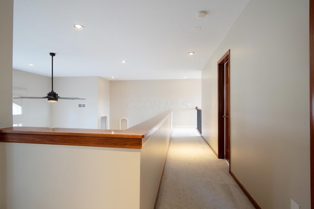 6268 Bellow Valley Dr, Dublin, OH 43016 - hallway with visible vents, an upstairs landing, recessed lighting, baseboards, and light colored carpet