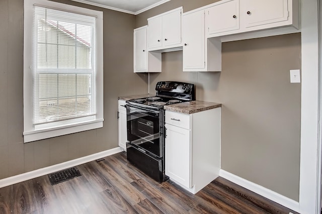 kitchen featuring dark hardwood / wood-style flooring, black electric range oven, and white cabinets