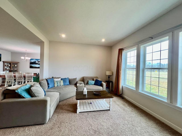 4021 County Road 124, Cardington, OH 43315 - living room with carpet floors, a notable chandelier, baseboards, and recessed lighting