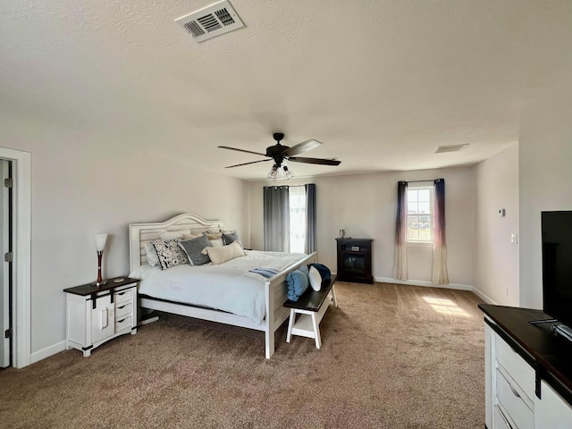 4021 County Road 124, Cardington, OH 43315 - bedroom with a textured ceiling, visible vents, carpet, baseboards, and ceiling fan